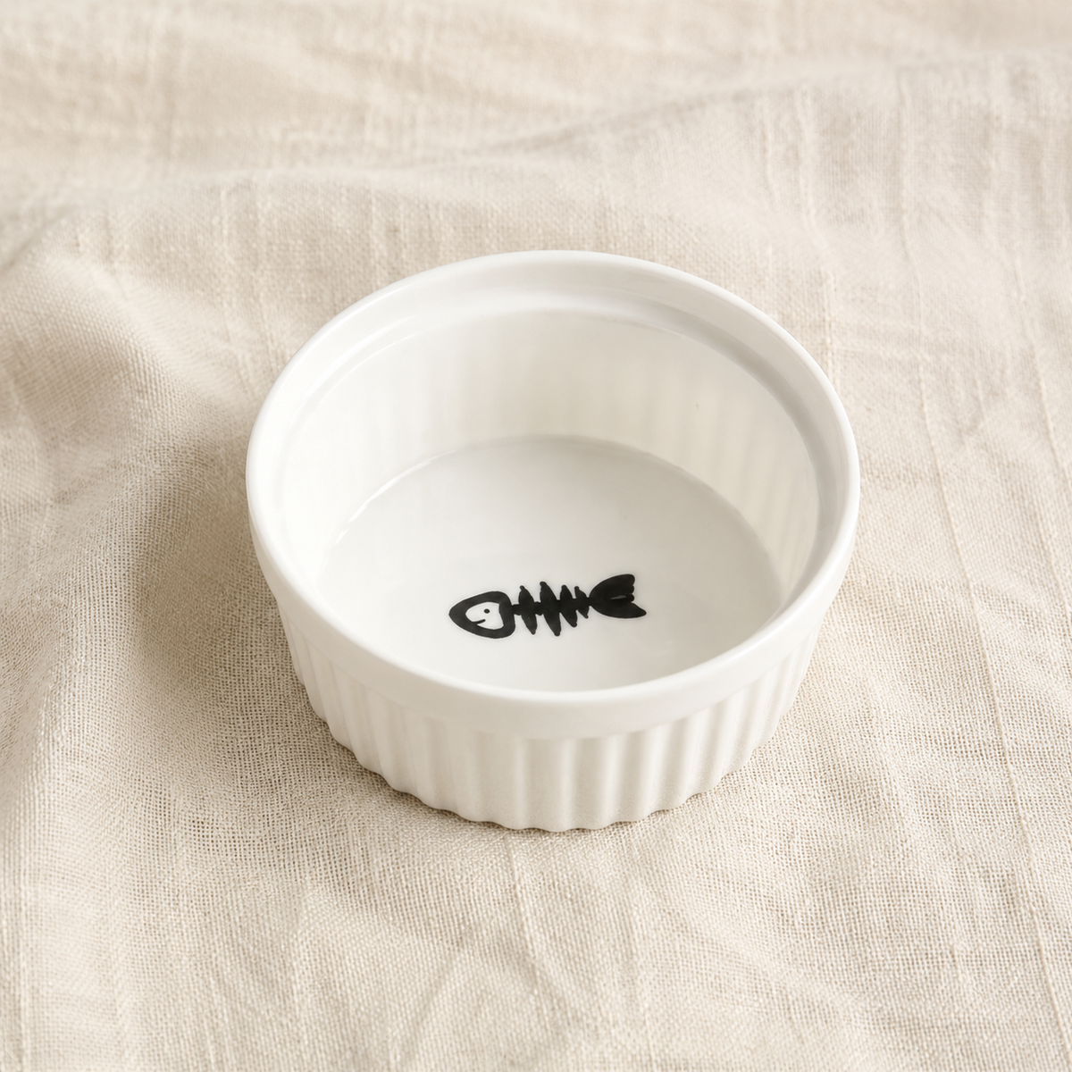 White Ceramic Pet Bowl - Fishbone Print