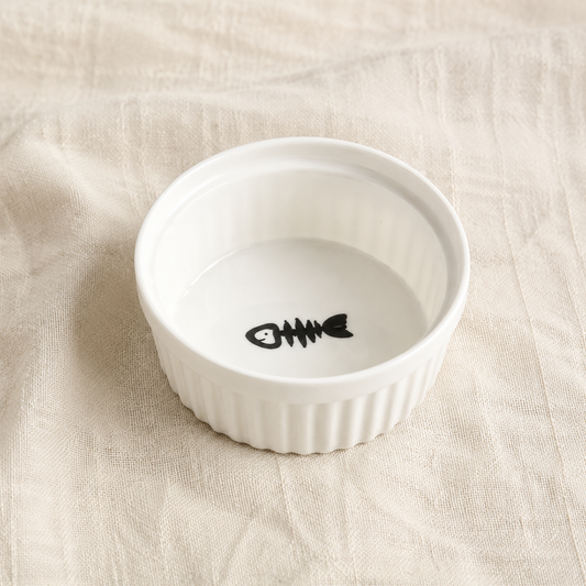 White Ceramic Pet Bowl - Fishbone Print