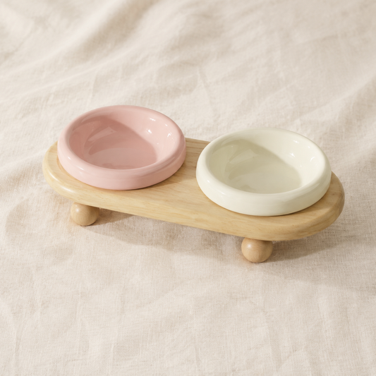 Pink & White Bowls with Wooden Stand